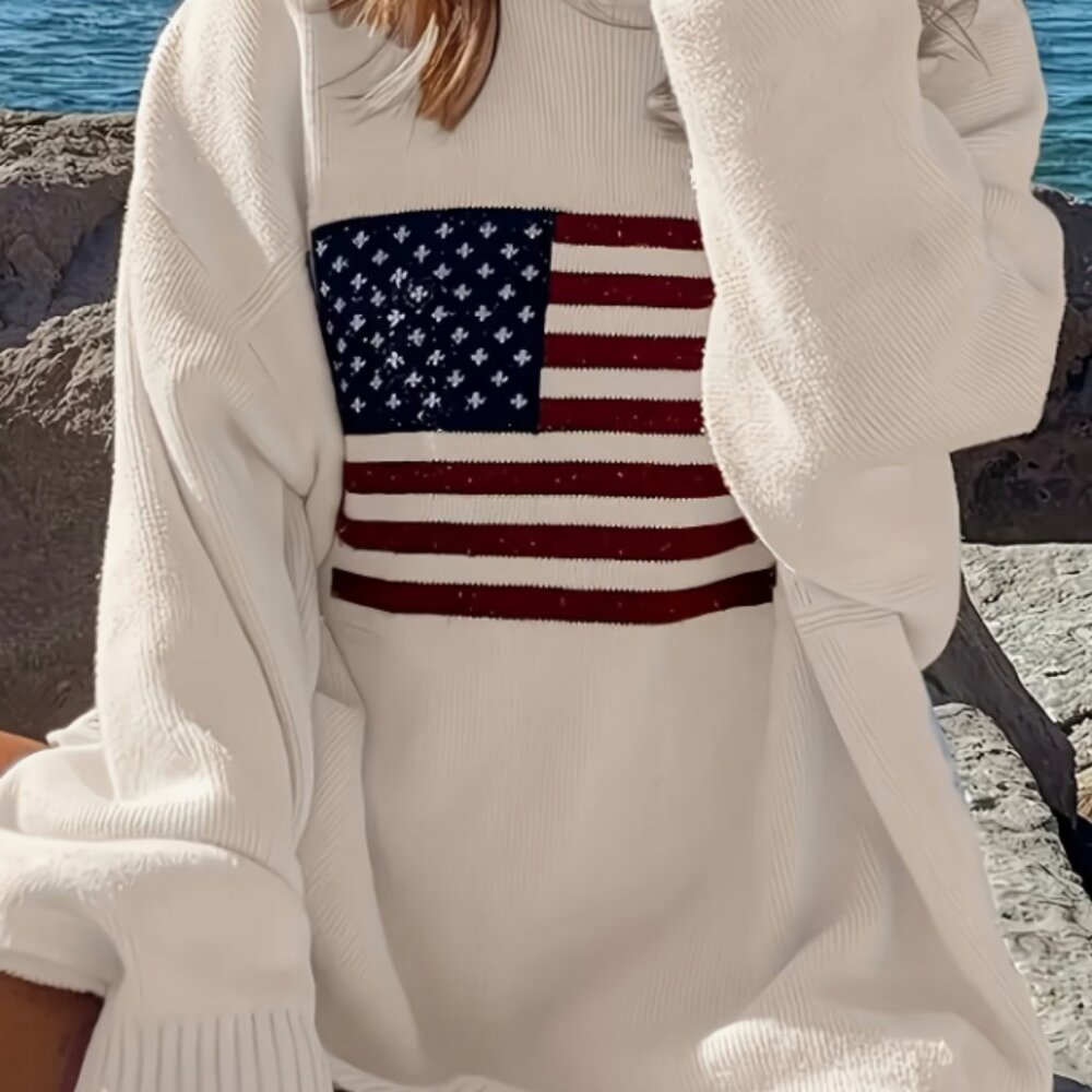 Flag Pattern Ribbed Trim Sweater